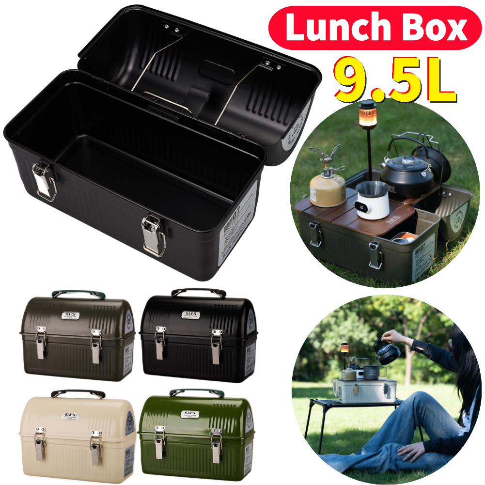 Outdoor Camping Store - 9.5L ヴィンテージ キャンプ用メタルランチボックス ハンドルとラッチ付き アウトドアギア ツールボックス