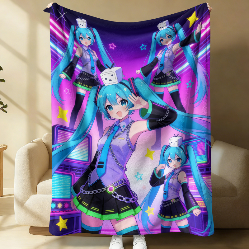 Outdoor Camping Anime - 初音ミク フランネルブランケット、アニメオフィス昼寝用スローブランケット、サイバーパンクネオンアウトドアキャンプトラベルカバーブランケット、ファン、ティーン向けギフト