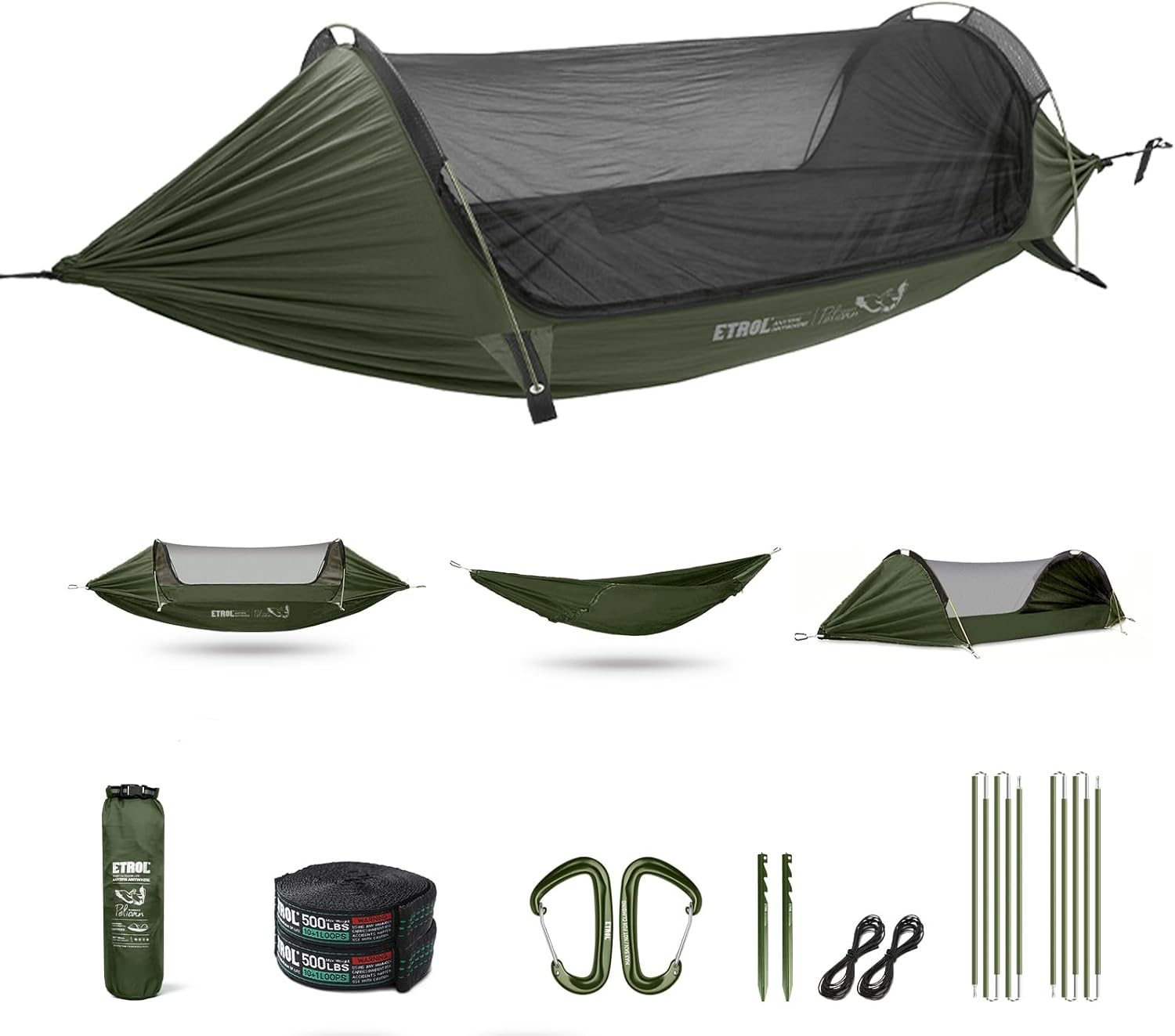 Outdoor Indoor Camping - 蚊帳付き3-in-1キャンプ用ハンモック、ダブルおよびシングル用ポータブルパラシュートハンモック、屋内屋外旅行ハイキングパティオテント、ツリーストラップ、カラビナ、アルミポール付き