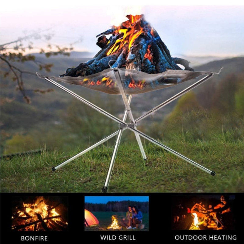 Outdoor Camping Fire Pit - 屋外BBQ焚き火ラック ポータブルキャンプファイヤーピットグリル ステンレス鋼メッシュ焚き火台 ウッドストーブスタンド 折りたたみ式ファイヤーフレームラック