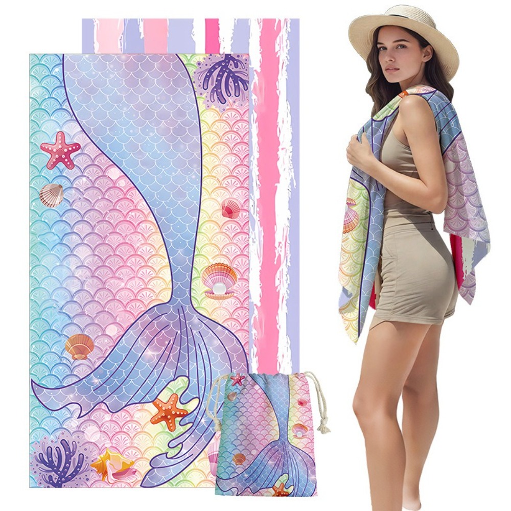 Camp Towel Microfiber - フィッシュテールプリントビーチタオルと収納バッグ 31x63インチ マイクロファイバーバスタオル フィットネス スイムヨガマット アウトドア