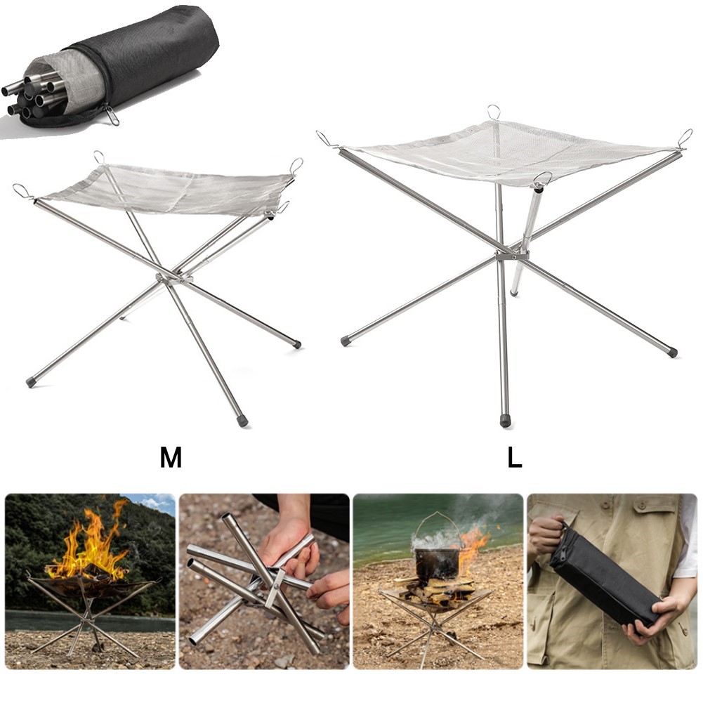 Outdoor Camping Fire Pit - ポータブルキャンプファイヤーピットグリル、ステンレス鋼メッシュ、薪ストーブスタンド、折りたたみ式フレームラック、屋外バーベキュー
