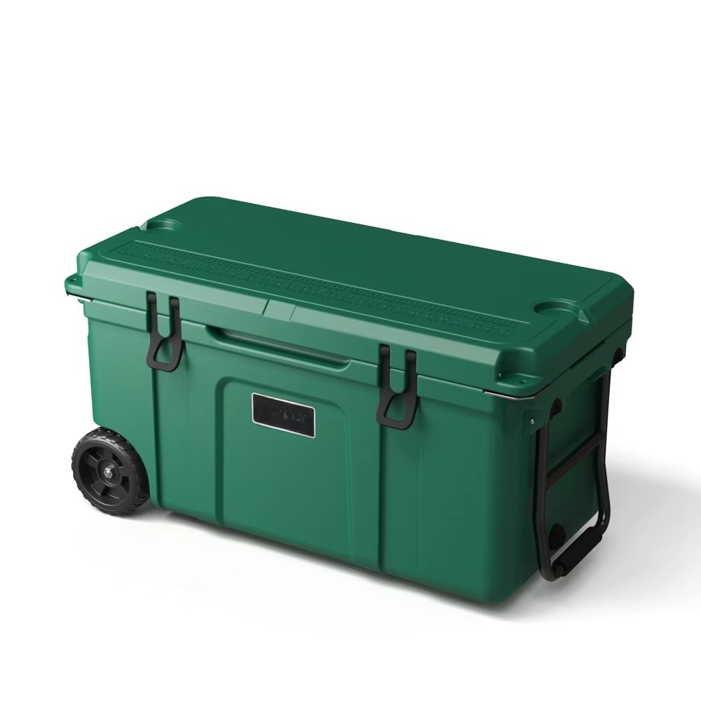 Outdoor Camping Box - 70QTカスタムロゴ入りランチ用断熱ロトモールドプラスチック製アイスチェストトロリーキューラーボックス、車キャンプ用ホイール付き屋外用