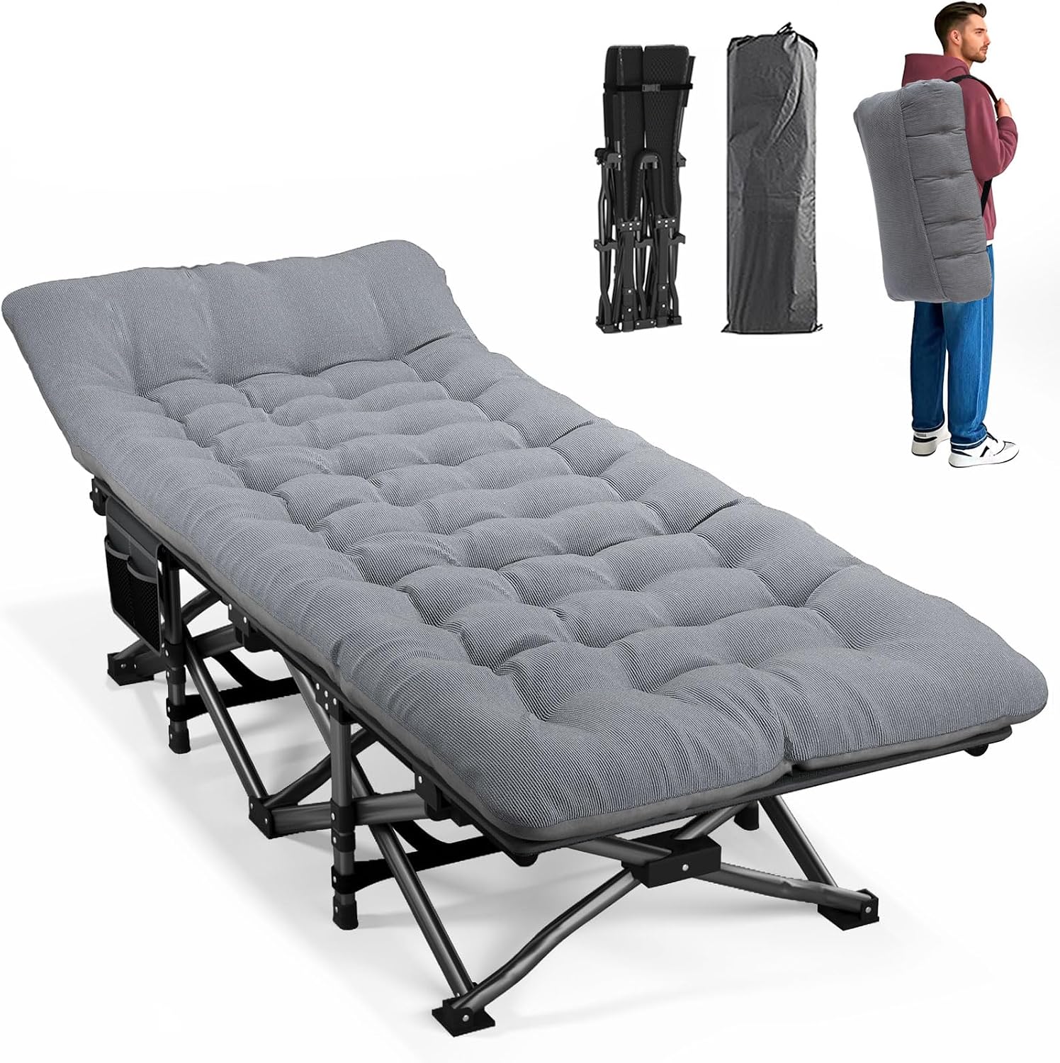 Outdoor Camping Cot - 大人用キャンプコット クッション付き ポータブル折りたたみベッド 軽量寝台 ヘビーデューティースチールフレーム 450ポンド対応