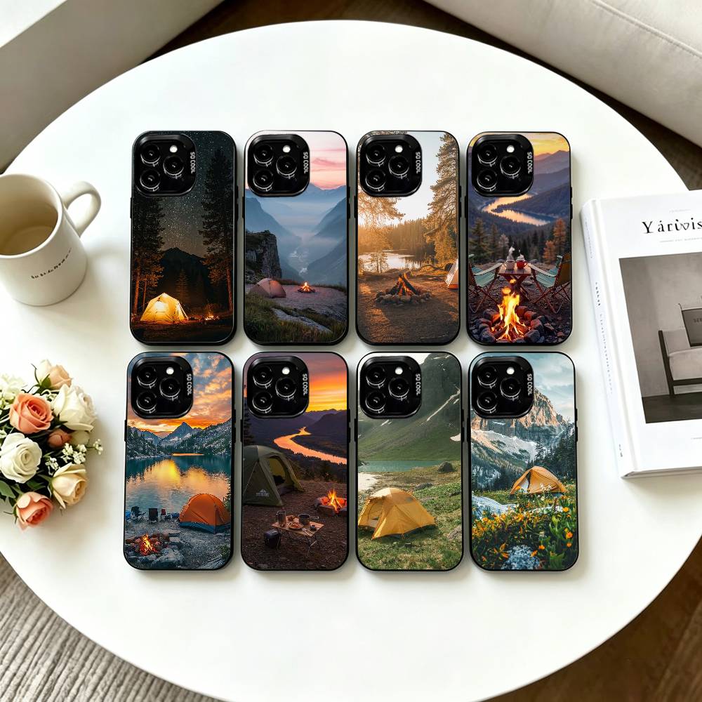 Outdoor Camping Anime - 山岳自然アウトドアキャンプ用スマホケース iPhone 17,16,15,14,13,12,11 Plus,Pro Max,XS対応 カラフルシルバー