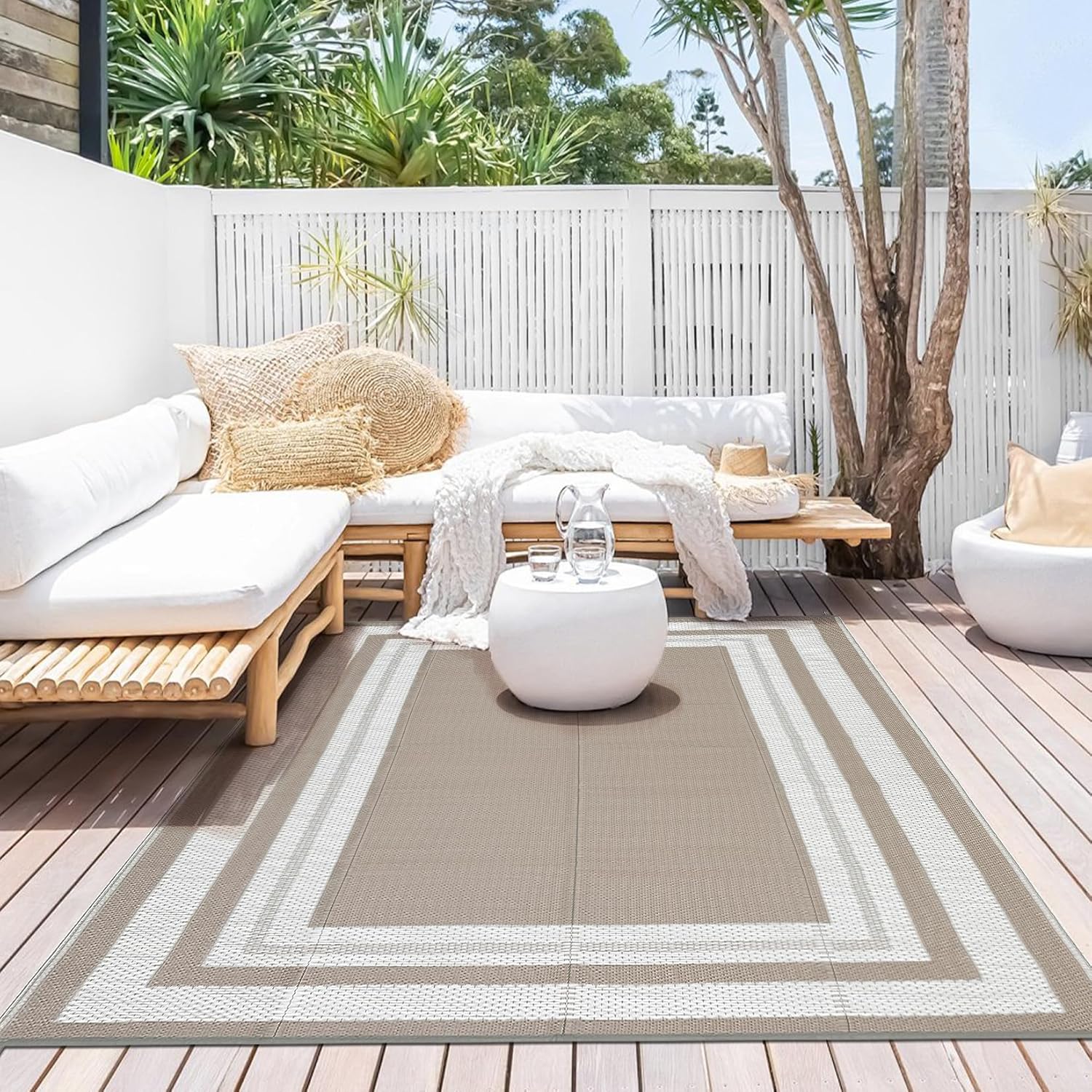 Outdoor Camping Rugs 8X10 - 8x10 アウトドアラグ – 防水プラスチックストローリバーシブルマット、お手入れ簡単、折りたたみ式軽量大型エリアラグ、パティオ、ポーチ、裏庭、キャンプ、RV、ビーチ、バルコニーに最適 – グレーコーヒー/ホワイト