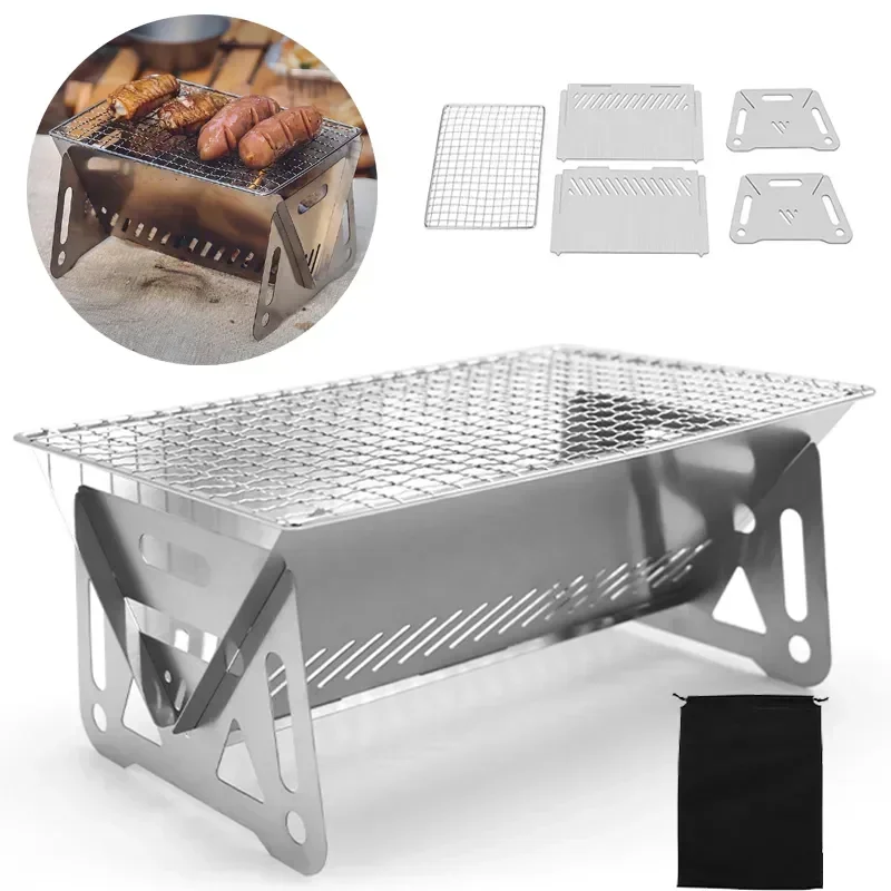 Outdoor Camping Fire Pit - ポータブル折りたたみバーベキューグリル加熱ストーブ多機能キャンプバーベキューグリルラックネット薪ストーブステンレス鋼バーベキューグリル