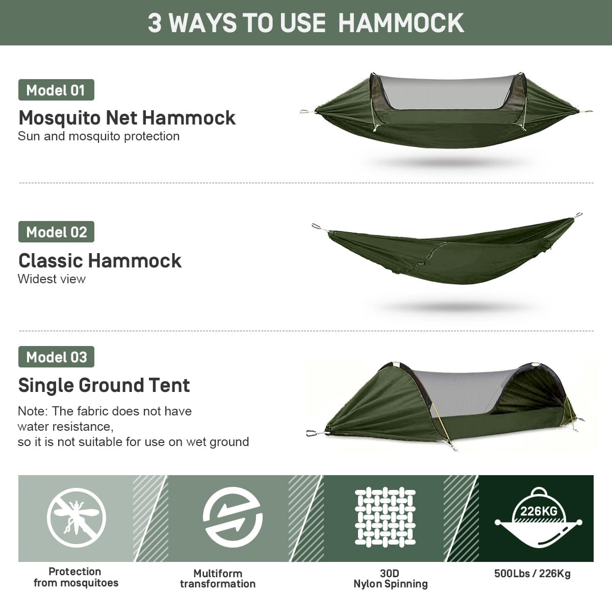 蚊帳付き3-in-1キャンプ用ハンモック、ダブルおよびシング - Outdoor Indoor Camping のレビューと価格