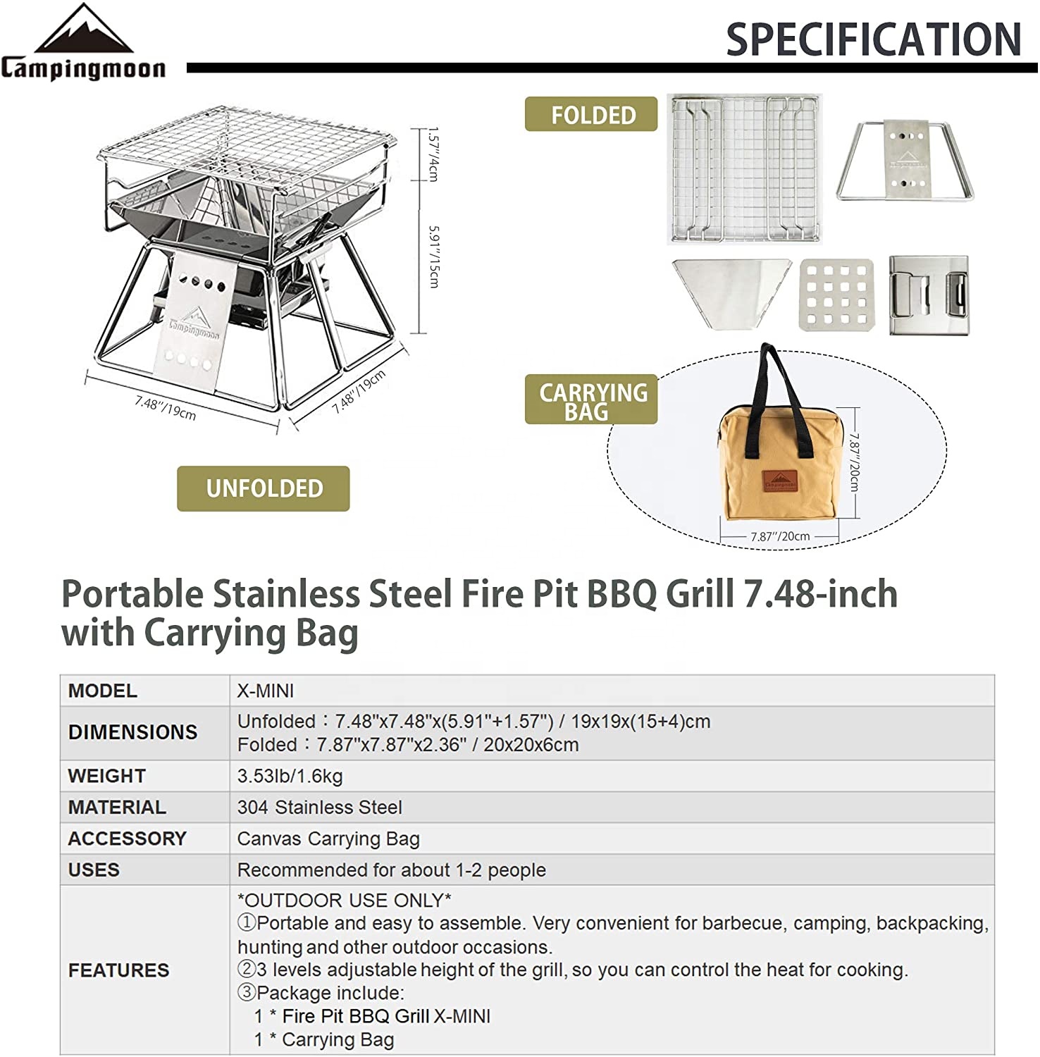キャンプムーン-垂直調整可能なステンレス鋼バーベキューグリル - Outdoor Camping Fire Pit のレビューと価格