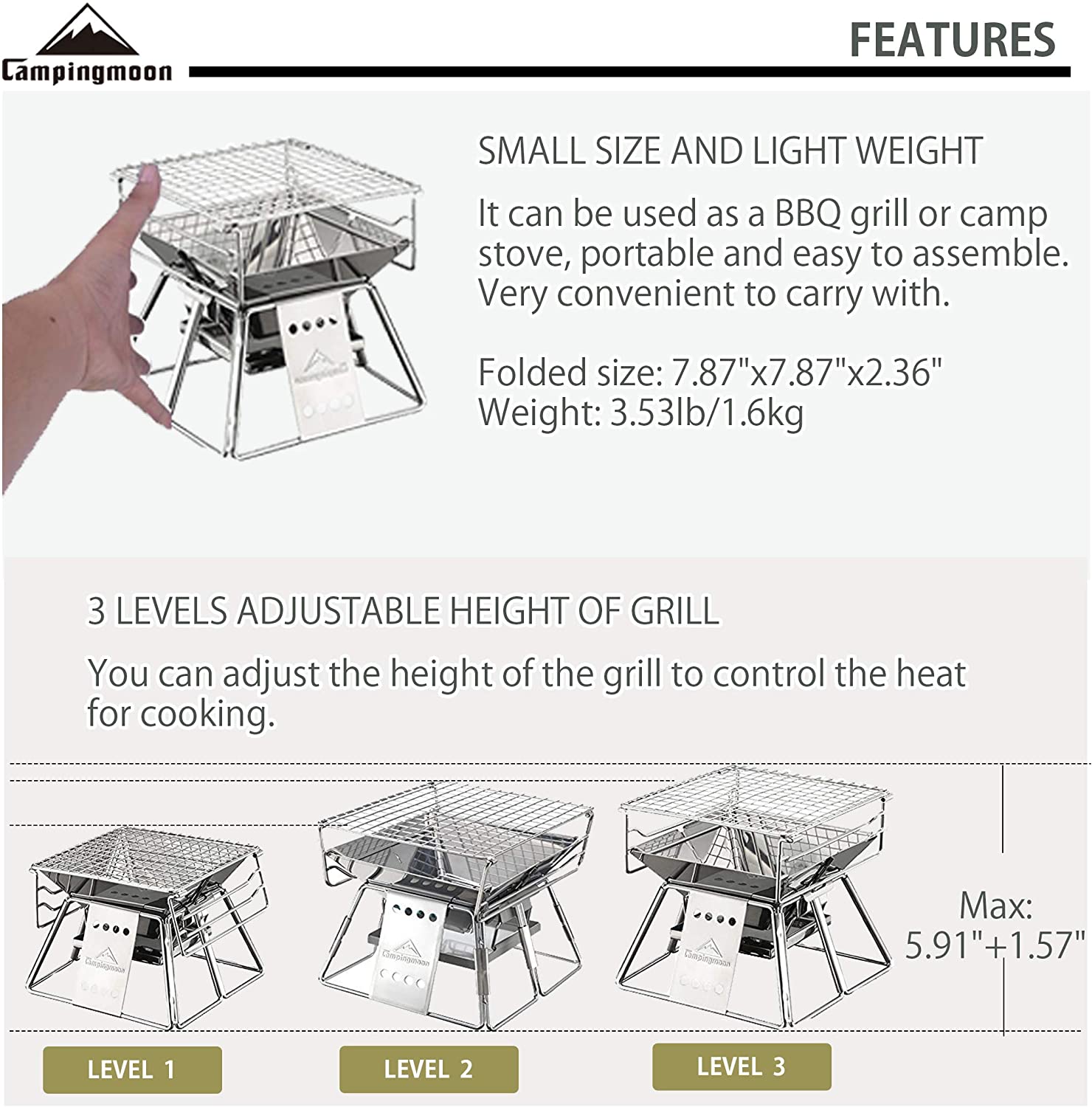 キャンプムーン-垂直調整可能なステンレス鋼バーベキューグリル - Outdoor Camping Fire Pit のレビューと価格